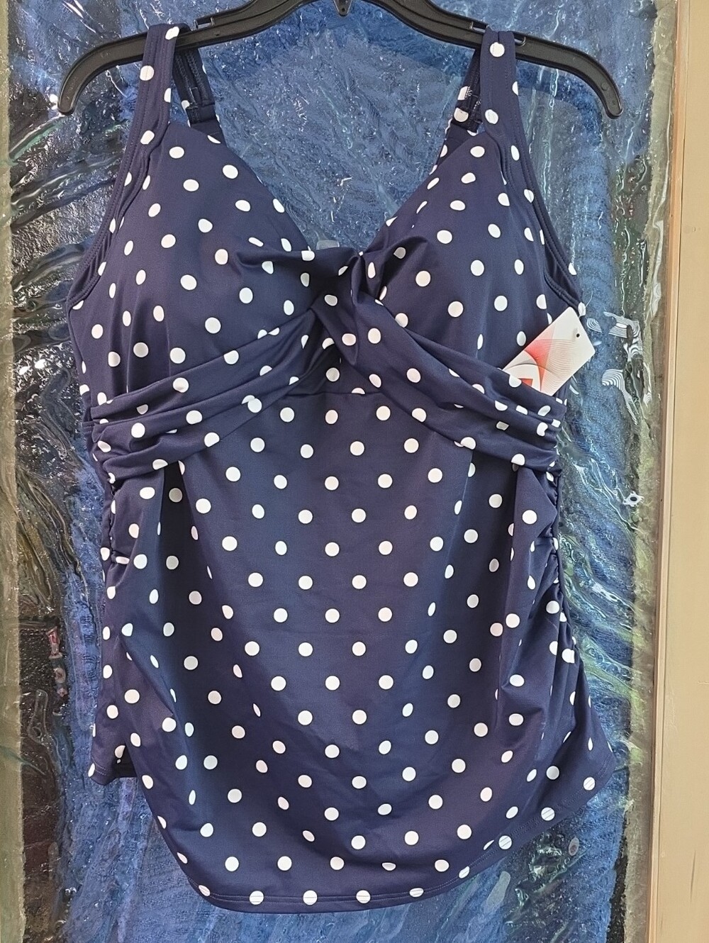 Lands' End Navy and White Polka Dot Tankini Top